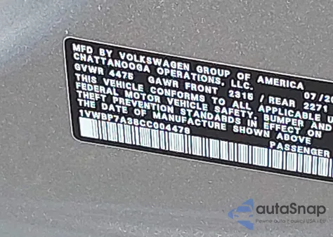 2012 Volkswagen Passat 2.5L Se из США, поврежденный, VIN 1VWBP7A38CC004478